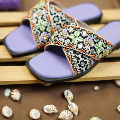  Women's Beaded Cross Strap Sandals with Purple Sole