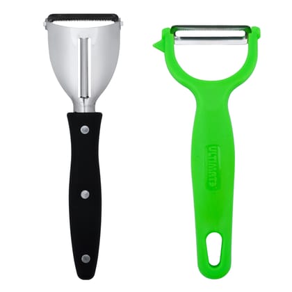 SNOKE® Y Peeler , Peeler cutter , peeler for vegetables pack of 2 ( 1 2IN1 PEELER AND 1 GREEN Y PEELER )Silver color Blade with BLACK AND GREEN color Strong Plastic Handle For Better Grip.