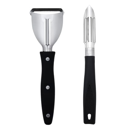 SNOKE® Peeler , Peeler cutter , peeler for vegetables pack of 2 ( 1 2IN1 PEELER AND 1 STRAIGHT PEELER )Silver color Blade with BLACK color Strong Plastic Handle For Better Grip.