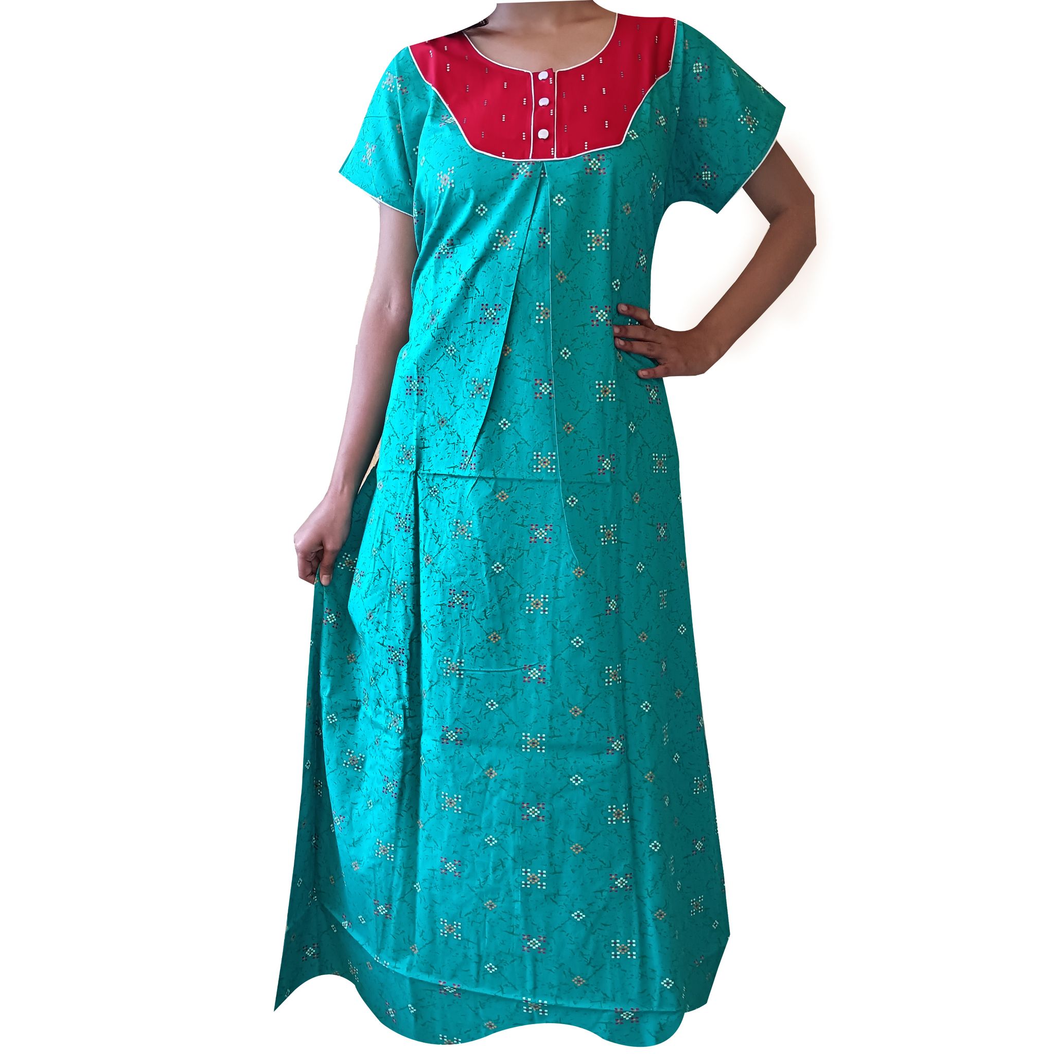 **Green Cotton Printed Nighty With Red Neck And Sleeves Piping**