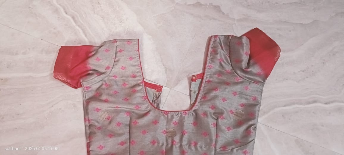 Georgette Saree Blouse with Elbow Sleeves and Round Neck