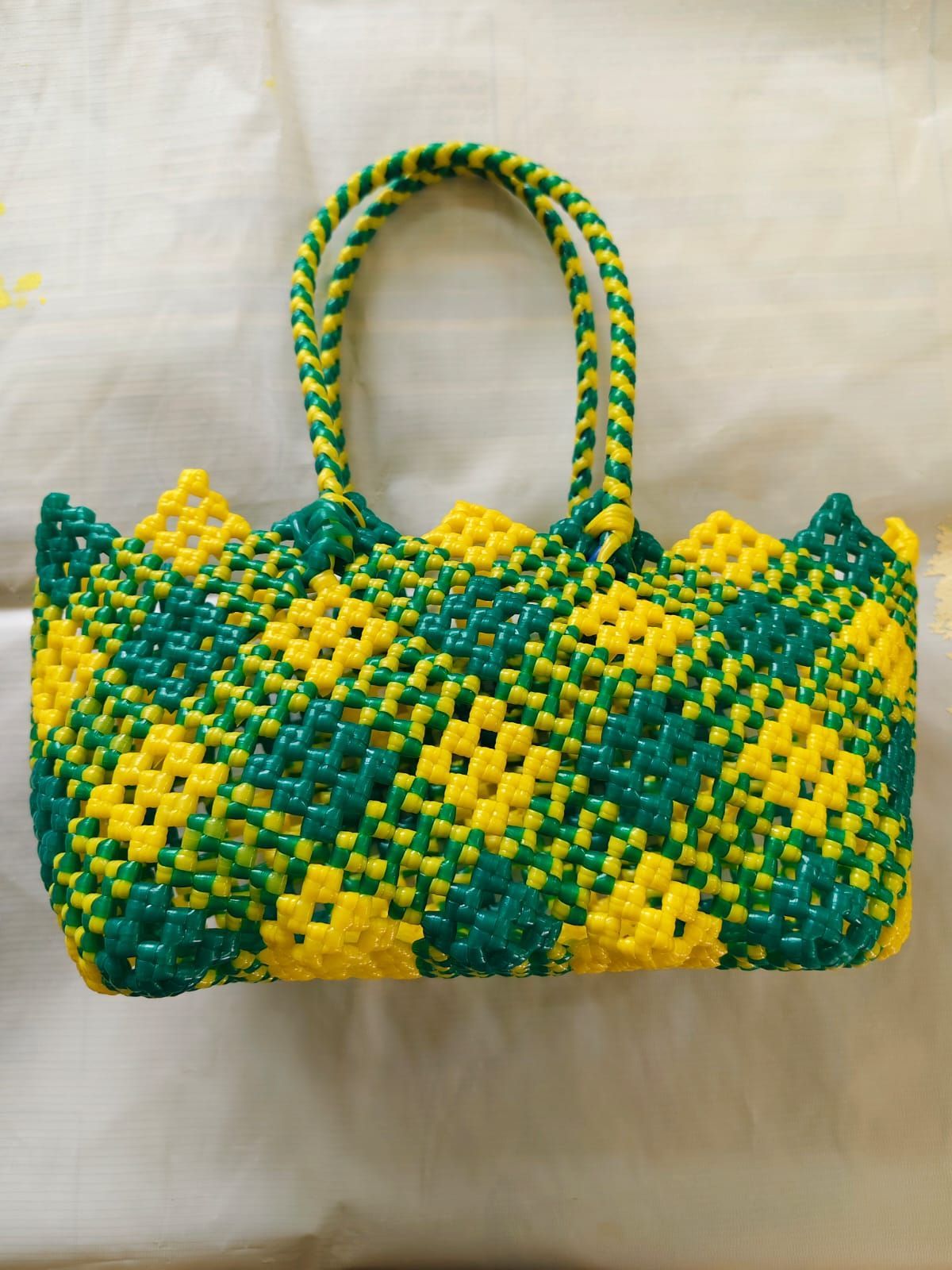 Handwoven Green & Yellow Market Tote Bag
