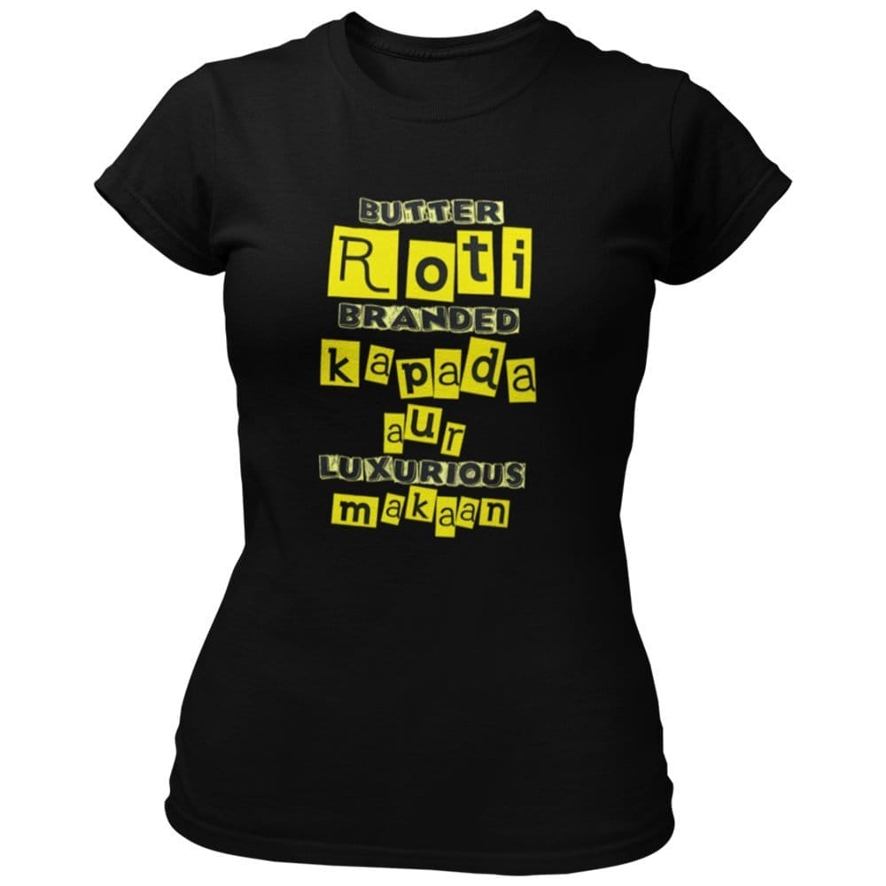 EqualLife Pure Cotton Bio-Washed Chest Printed T-Shirt - Funny Tees - Butter Roti Branded Kapda Design 16 - by ZingerTees-Women-EL9120634-F