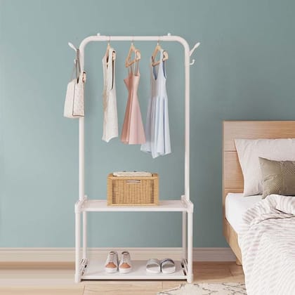 Metal Garment Stand/Clothes Stand with 2 Bottom Stylish Design Shelves Multipurpose Display Standing Rack Unit (White/145 x 35 x 54 cm)