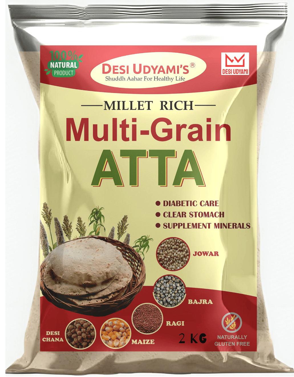 Desi Udyami’s Premium Wheat-Free, Rice-Free, and Soya-Free Multigrain Atta – Perfect for Diabetes, Weight Loss, and Heart Health 2 Kg (pack of 4) (pack of 2)