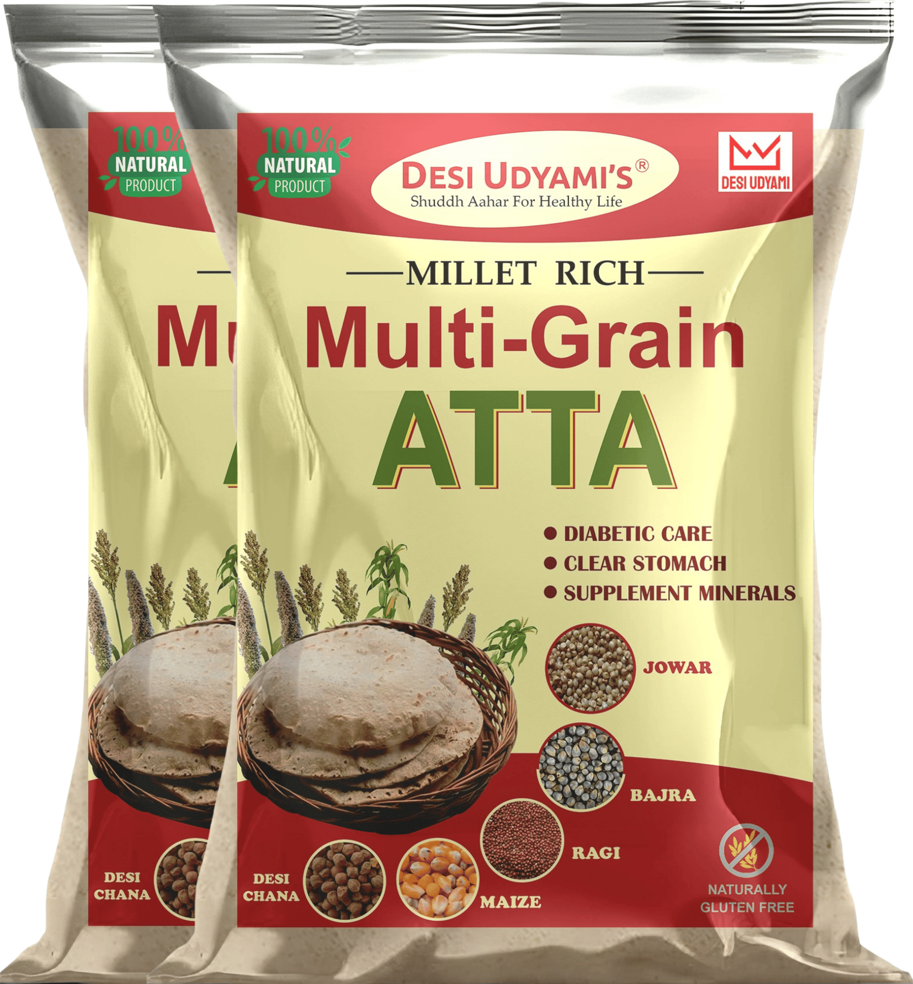 Desi Udyami’s Premium Wheat-Free, Rice-Free, and Soya-Free Multigrain Atta – Perfect for Diabetes, Weight Loss, and Heart Health, 4 Kg (pack of 2) (pack of 2)