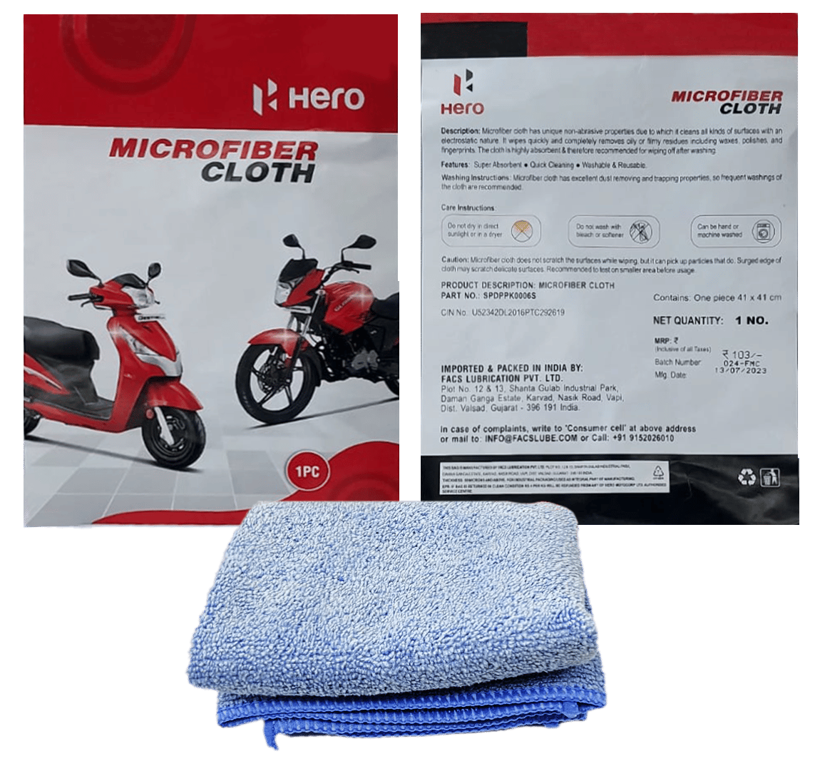 Hero Genuine Microfiber Cleaning Cloth (41x41 cm) - Ultra-Absorbent, Scratch-Free, Washable for Bikes & Cars - SPDPPK0006S