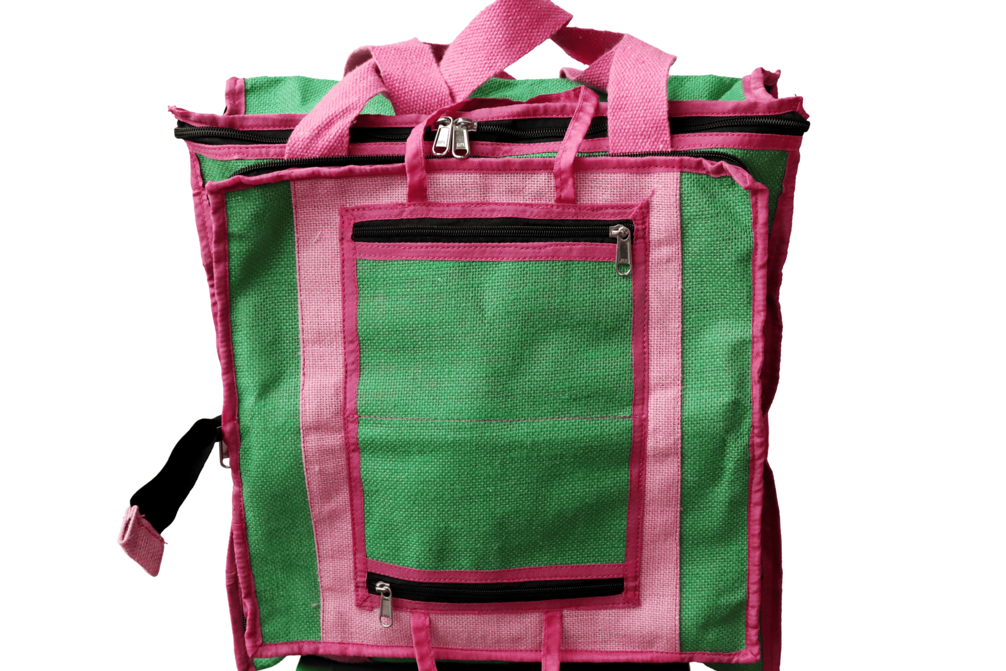  **Title:** Stylish and Eco-Friendly Jute and Canvas Bag with Adjustable Shoulder Strap and Multiple Compartments for Women