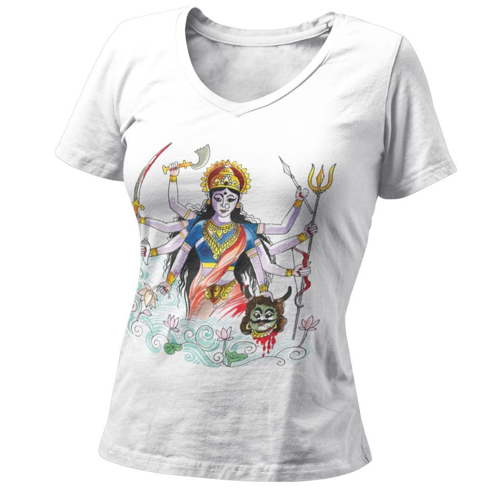 EqualLife Pure Cotton Bio-Washed T-Shirt Chest Printed-Goddess Durga - Water Color Design-by ZingerTees-Women-EL9120123-F