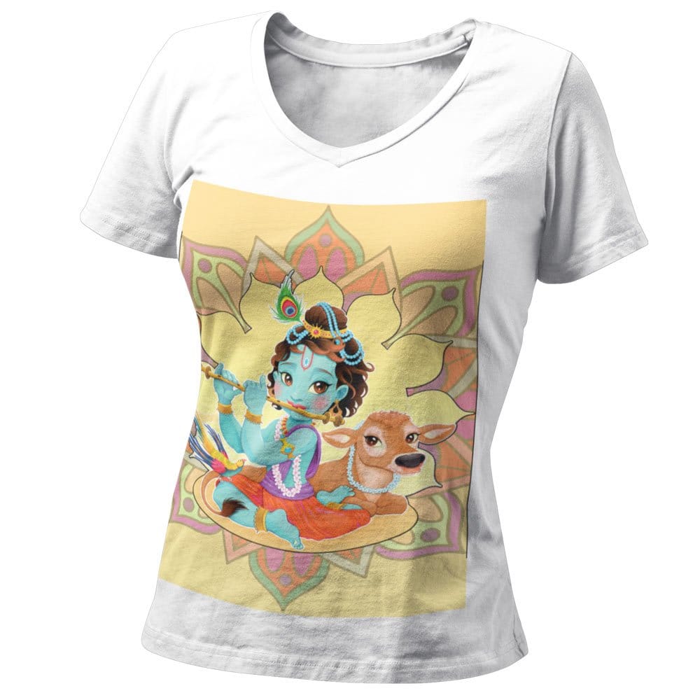 EqualLife Pure Cotton Bio-Washed T-Shirt Chest Printed-God - Baby Krishna - Mandala Art Design-by ZingerTees-Women-EL9120125-F
