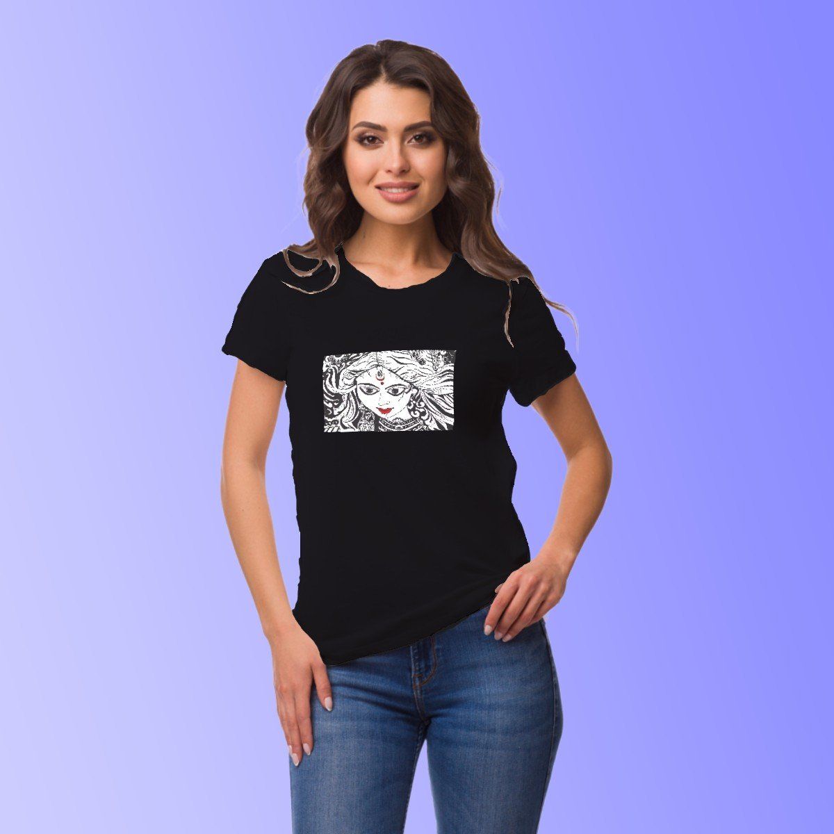 EqualLife Pure Cotton Bio-Washed T-Shirt Chest Printed-Goddess Durga-by ZingerTees-Women-EL9120022-F