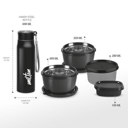 Steel Bottle 690 ML with 3 Containers for Food Storage, Leak Proof and Airtight, Ideal for Office, School and Travel (Black)