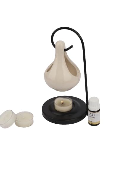 Aromatherapy Essential Oil Burner - Ceramic Wax Melt Warmer with 2 Free Tea Lights & 1 Free Bottle of Fragrance Oil.
