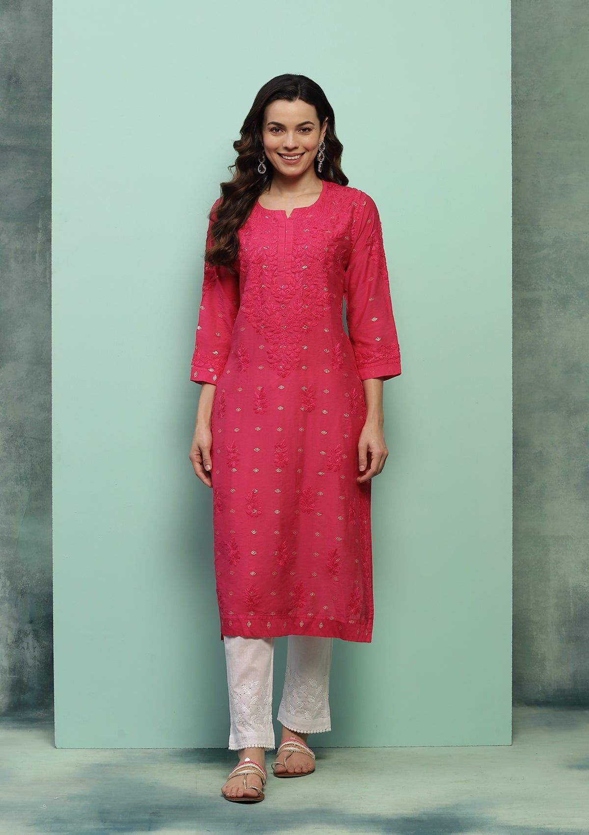Chanderi Chikankari Solid Women's Long Kurta - Magenta