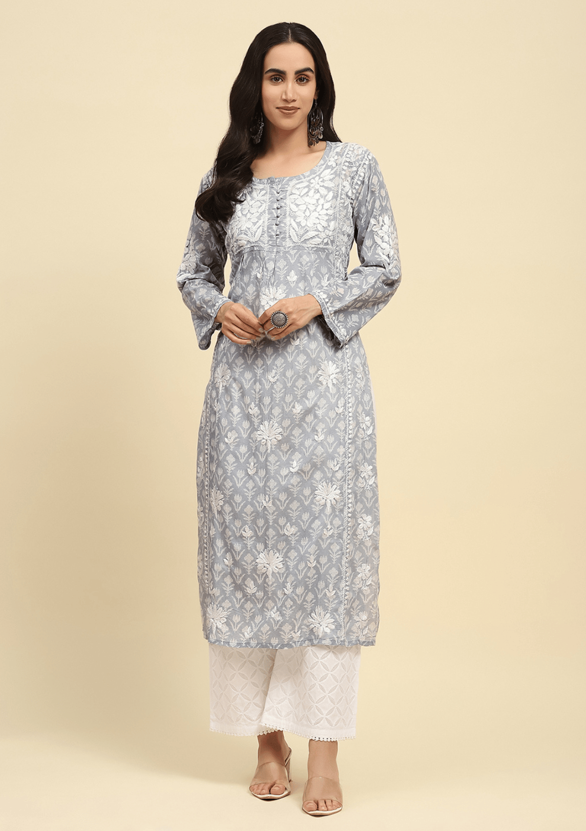 Mulmul Chikankari Printed Women's Long Kurta - Grey