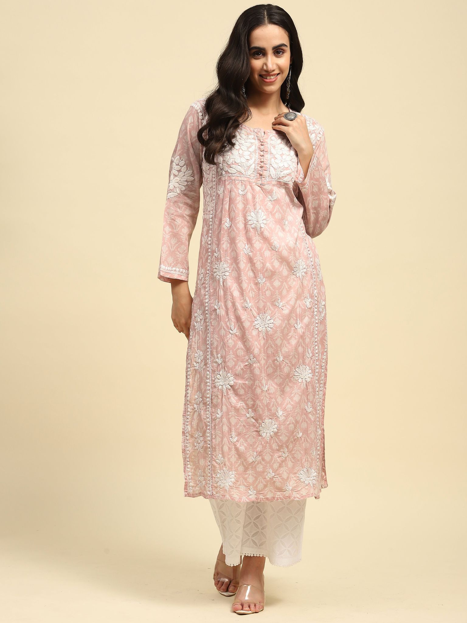 Mulmul Chikankari Printed Women's Long Kurta - Pink