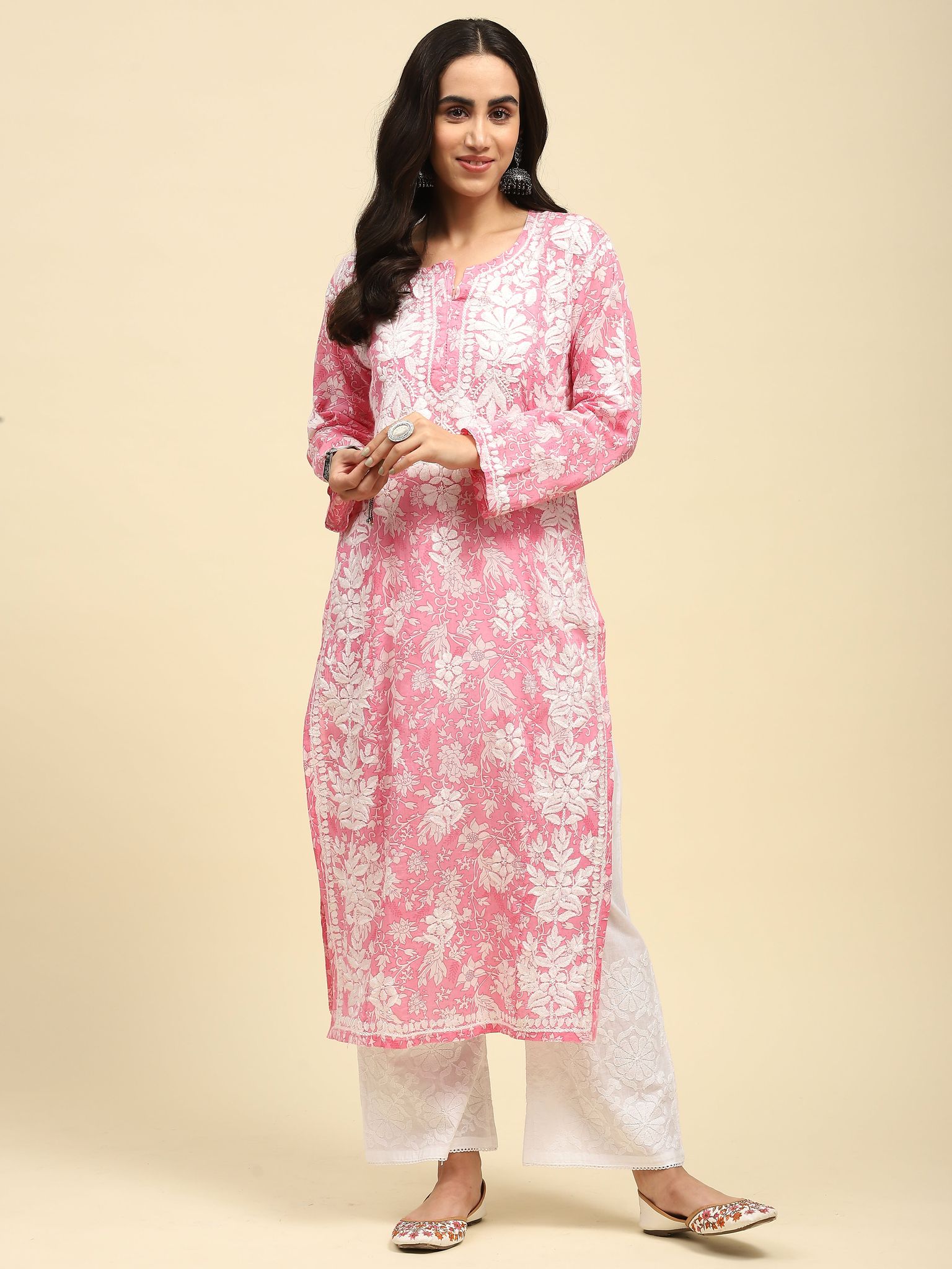Mulmul Chikankari Printed Women's Long Kurta - Pink