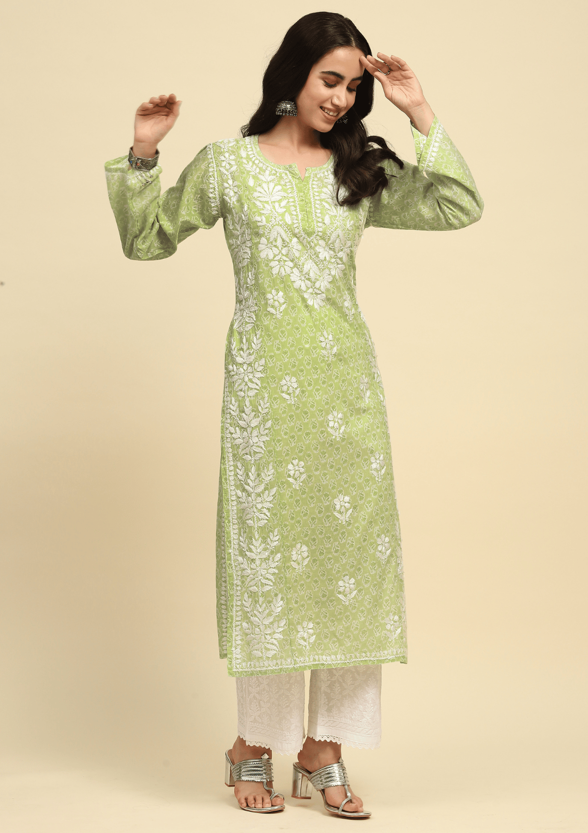 Mulmul Chikankari Printed Women's Long Kurta - Green