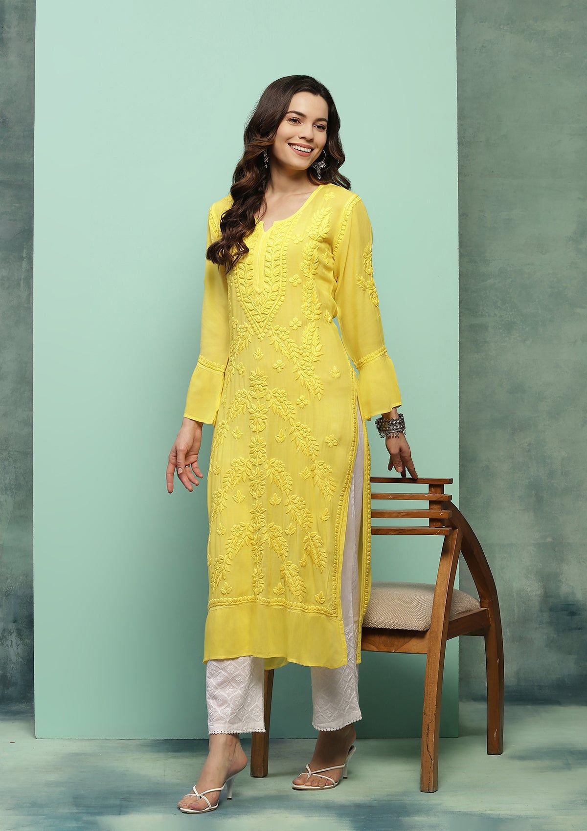 Muslin Chikankari Solid Women's Long Kurta - Yellow