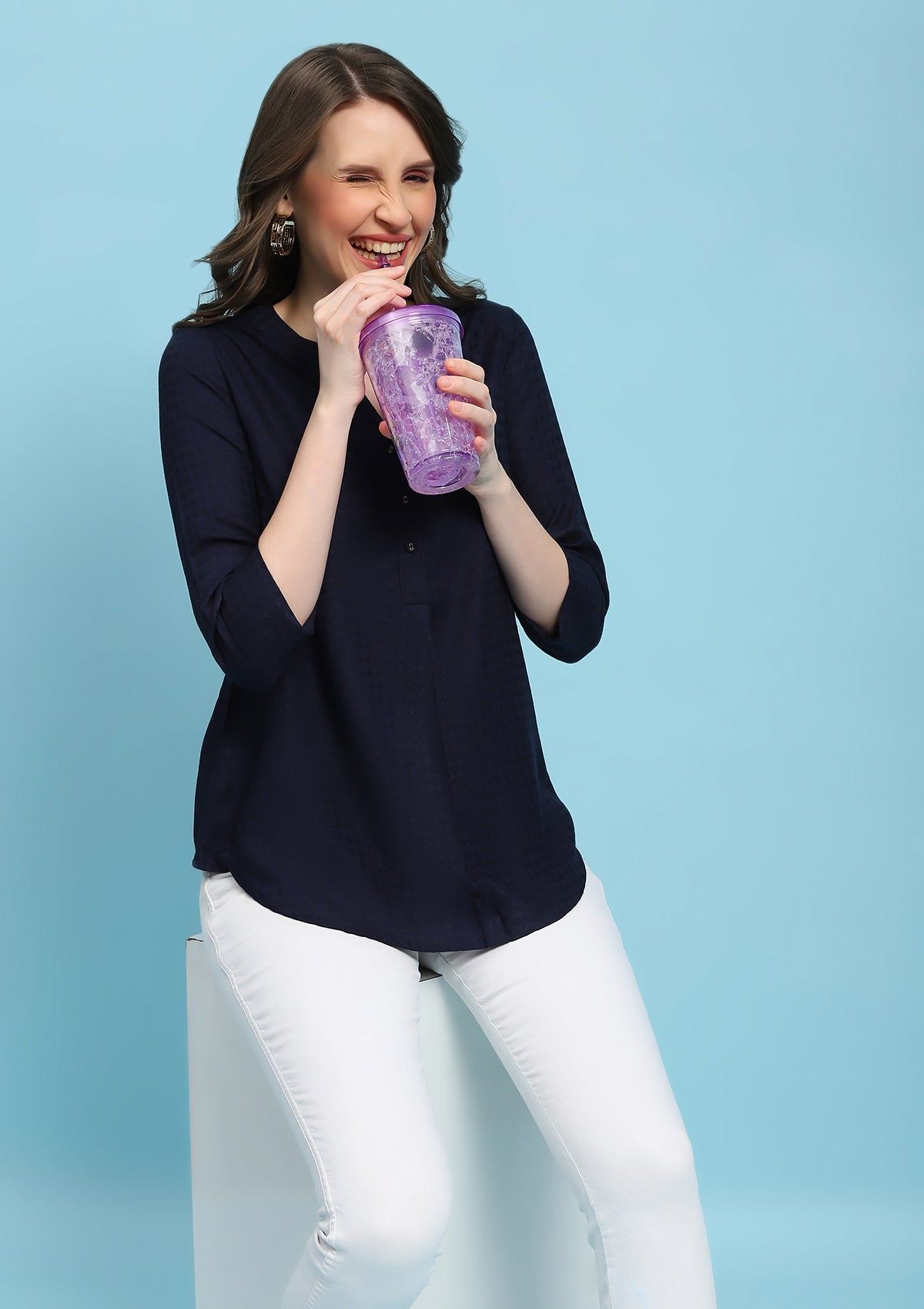 Rayon Dobby Solid Women's Shirt - Navy Blue