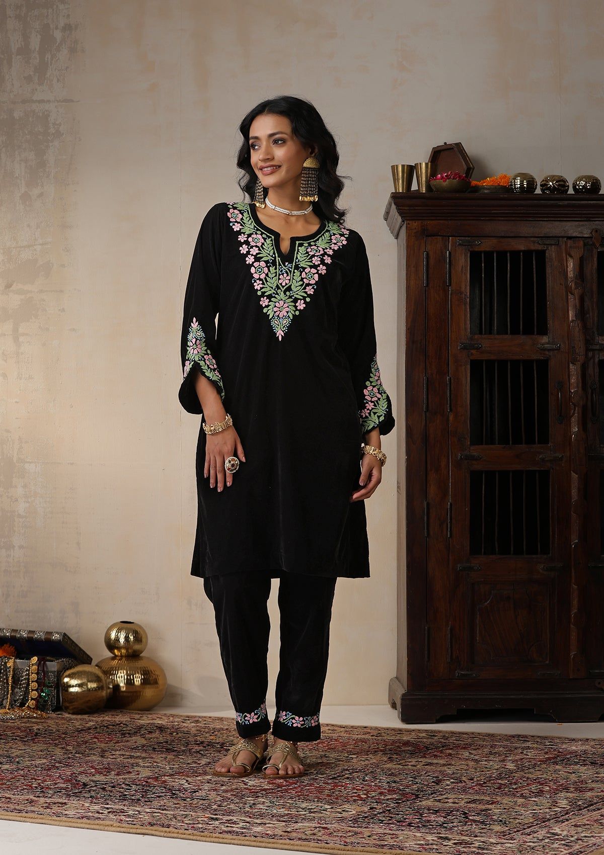 Velvet Chikankari Solid Women's 2 PC Short Kurta Set - Black