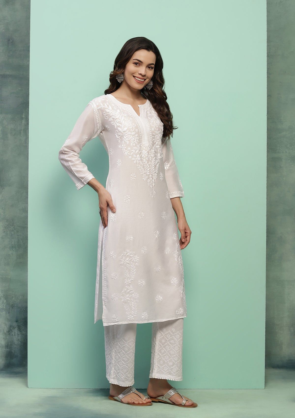 Chanderi Chikankari Solid Women's Long Kurta - White
