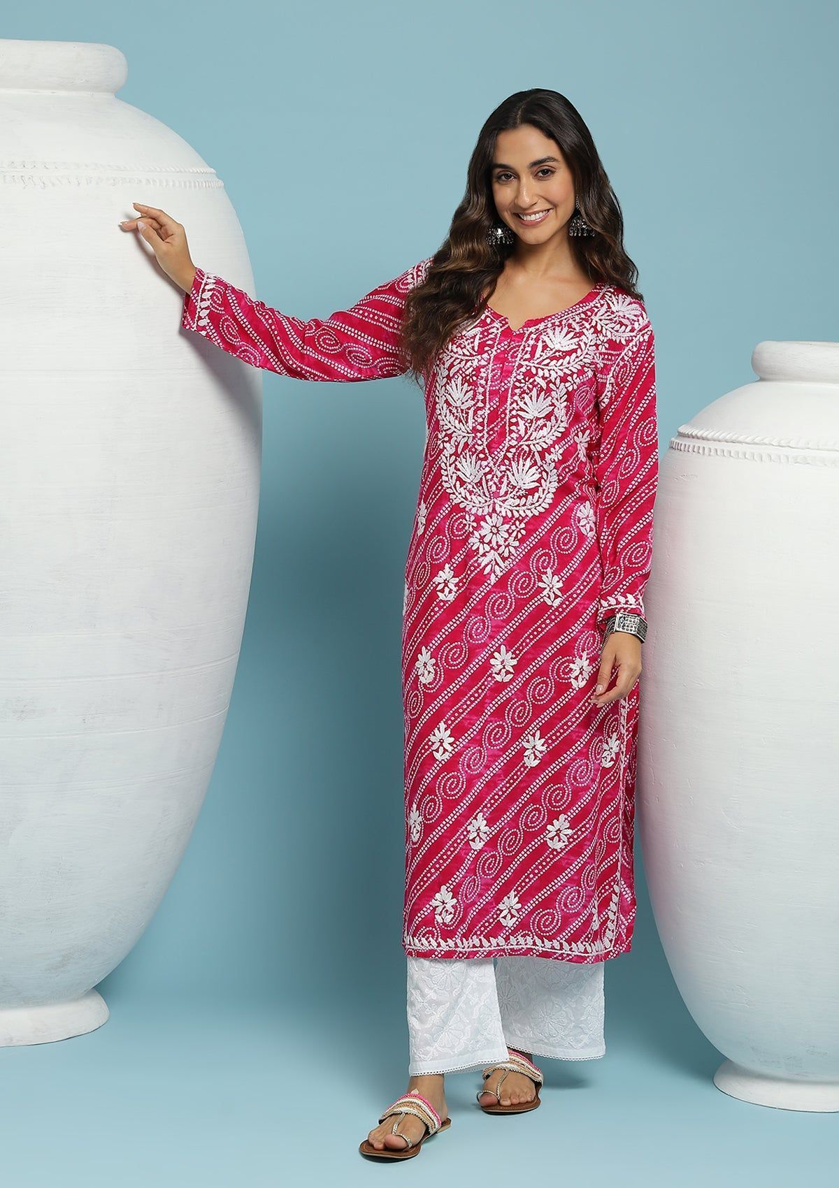 Rayon Chikankari Printed Women's Long Kurta - Pink