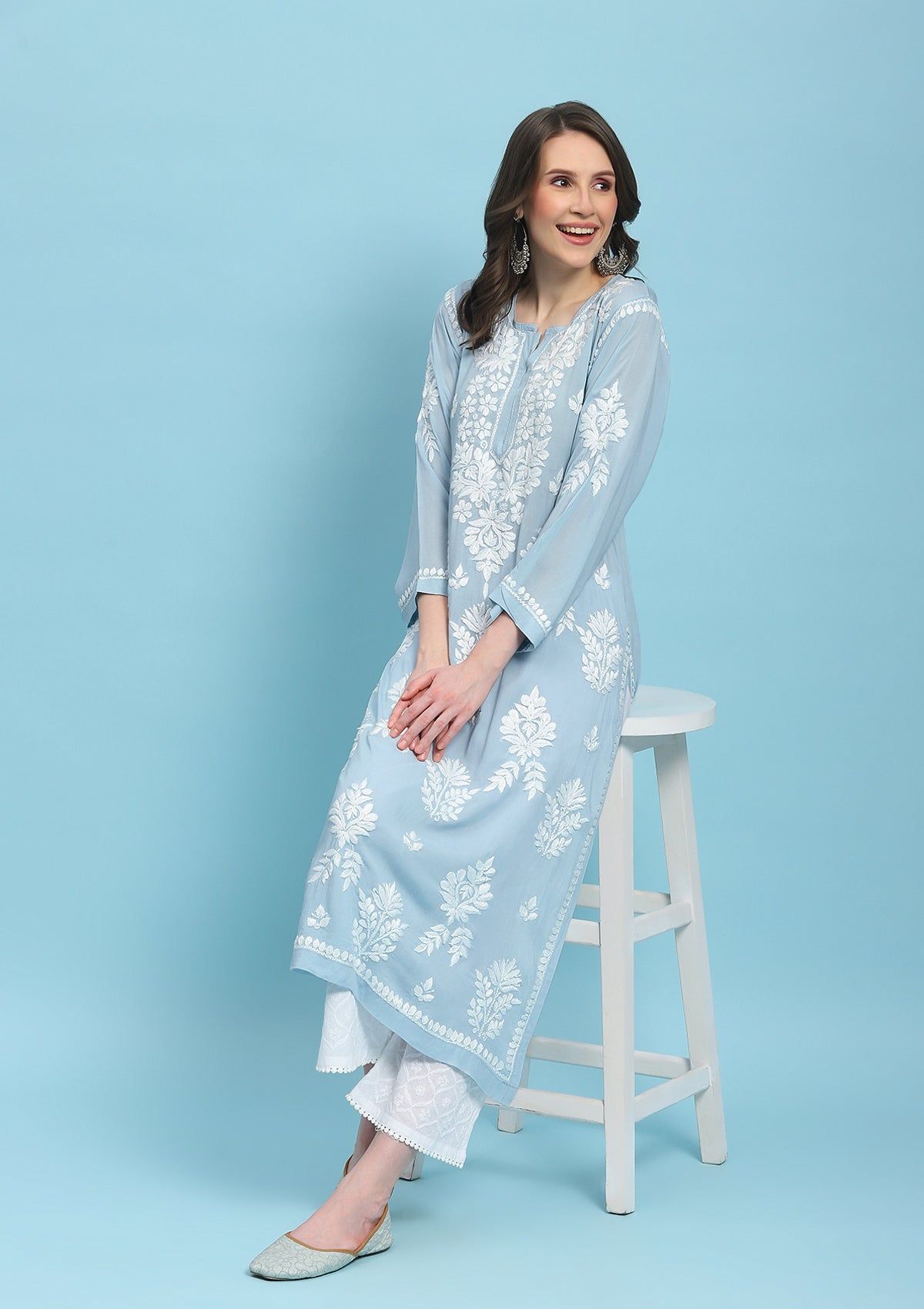 Modal Chikankari Solid Women's Long Kurta - Blue