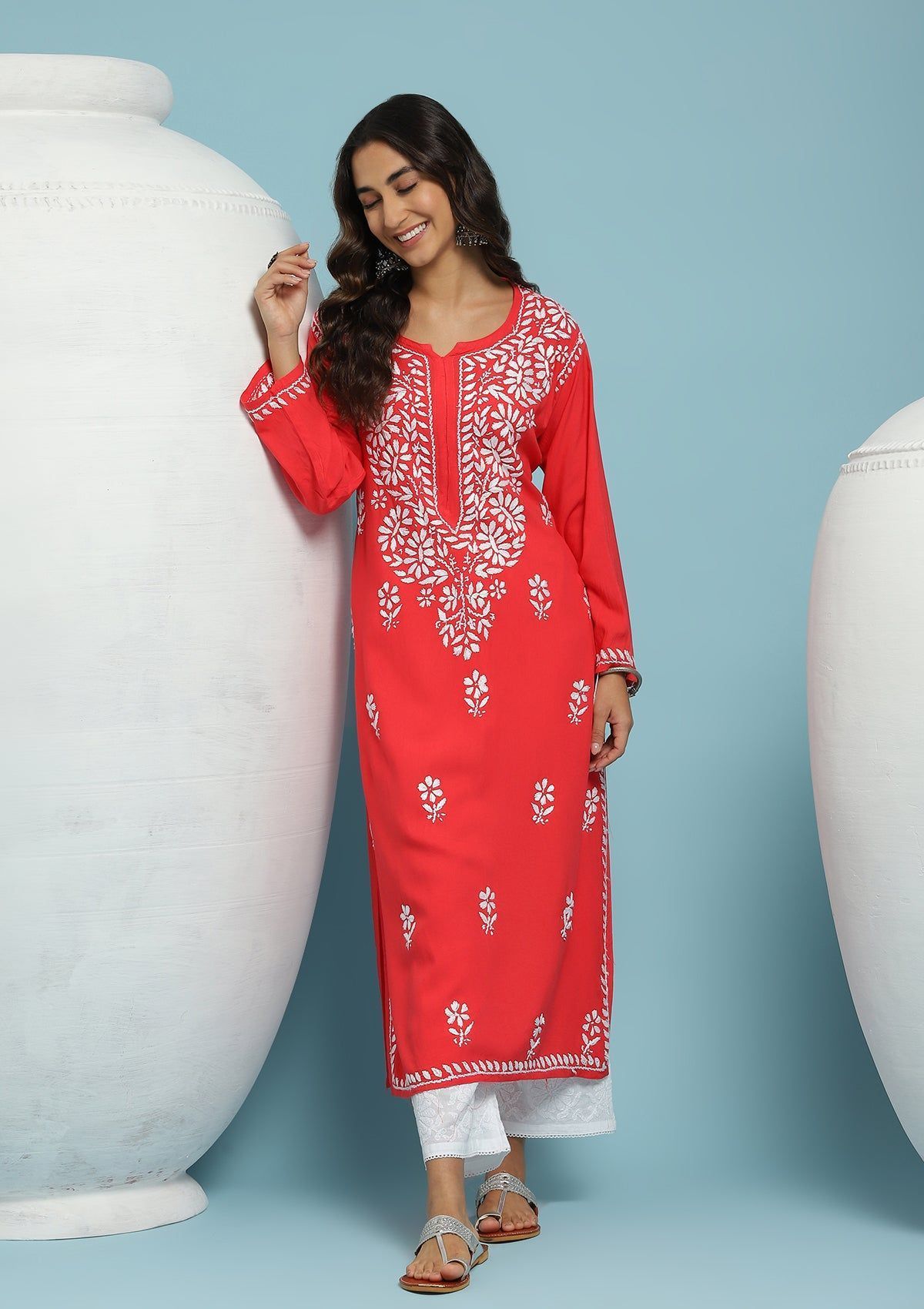 Rayon Chikankari Solid Women's Long Kurta - Red