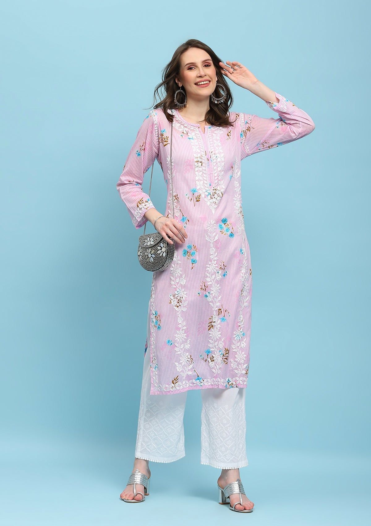 Mulmul Chikankari Printed Women's Long Kurta - Pink