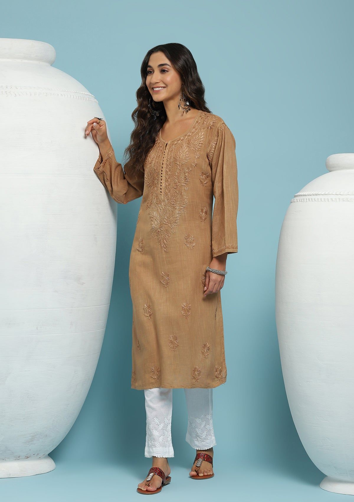 Cotton Chikankari Solid Women's Long Kurta - Brown