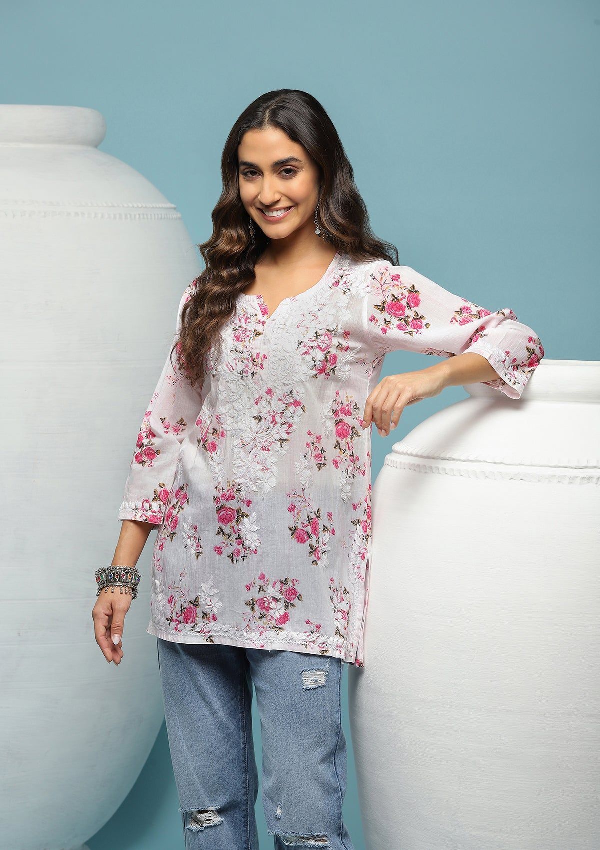 Cotton Chikankari Printed Women's Short Kurta - Pink