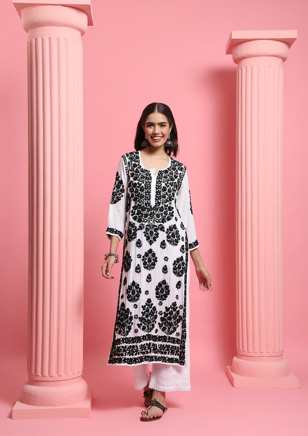 Modal Chikankari Solid Women's Long Kurta - White