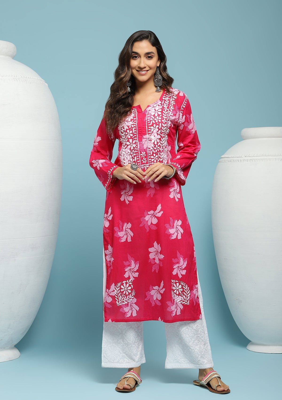Cotton Chikankari Printed Women's Long Kurta - Pink