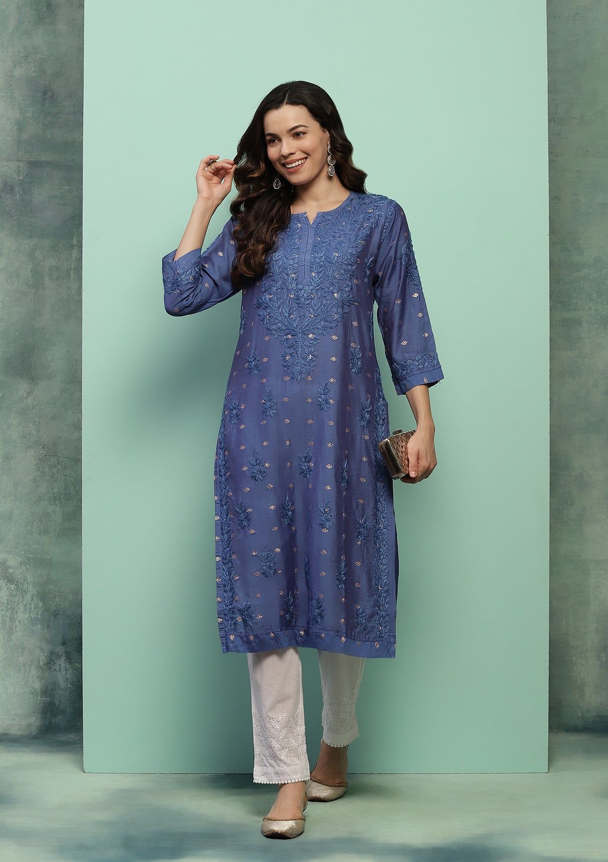 Chanderi Chikankari Solid Women's Long Kurta - Blue