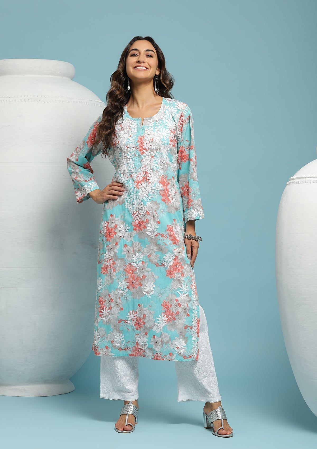 Cotton Chikankari Printed Women's Long Kurta - Blue
