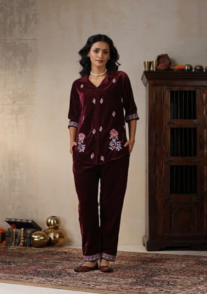 Velvet Chikankari Solid Women's 2 PC Co-ord Set - Maroon Velvet Chikankari Solid Women's 2 PC Co-ord Set - Maroon