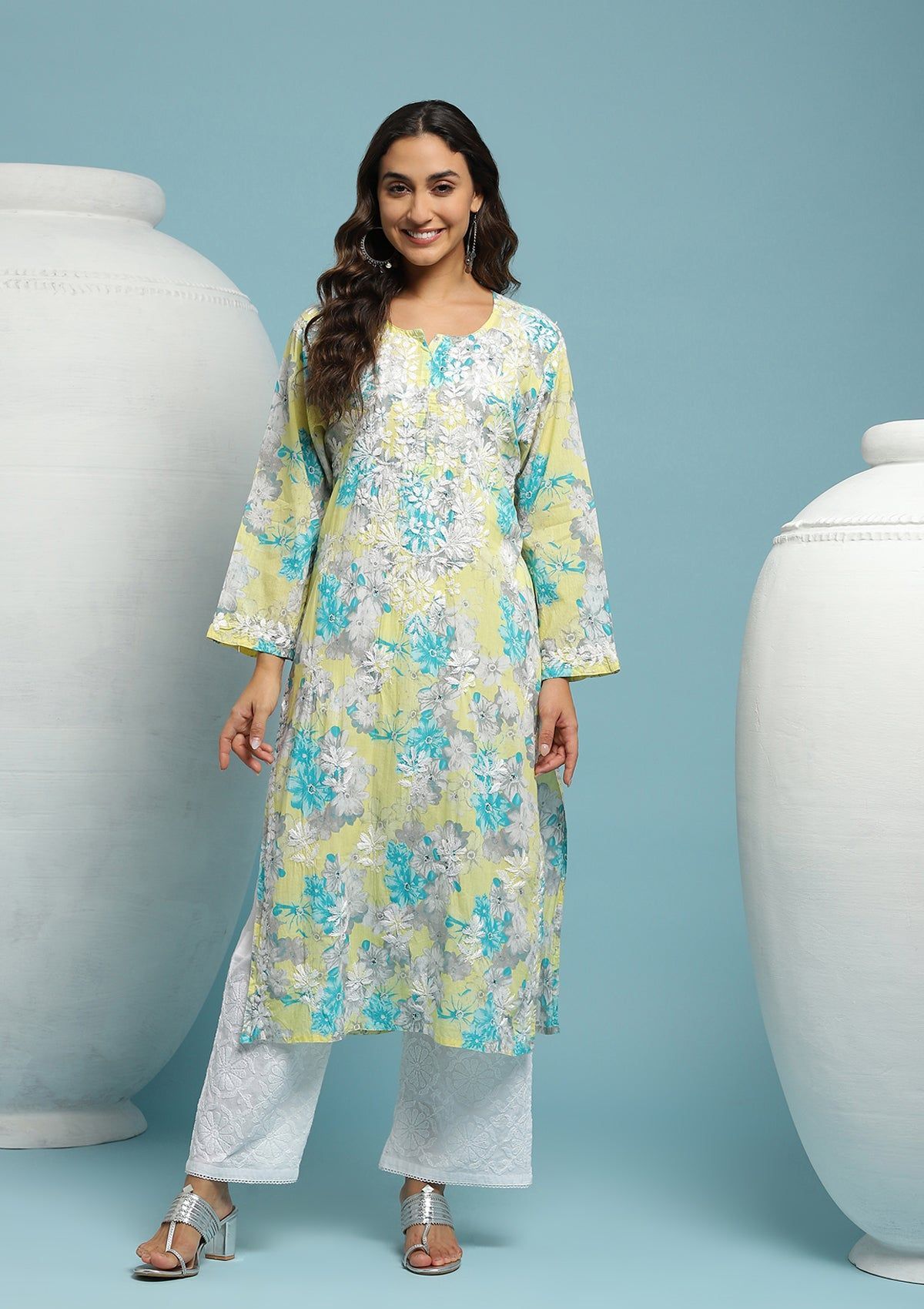Cotton Chikankari Printed Women's Long Kurta - Yellow