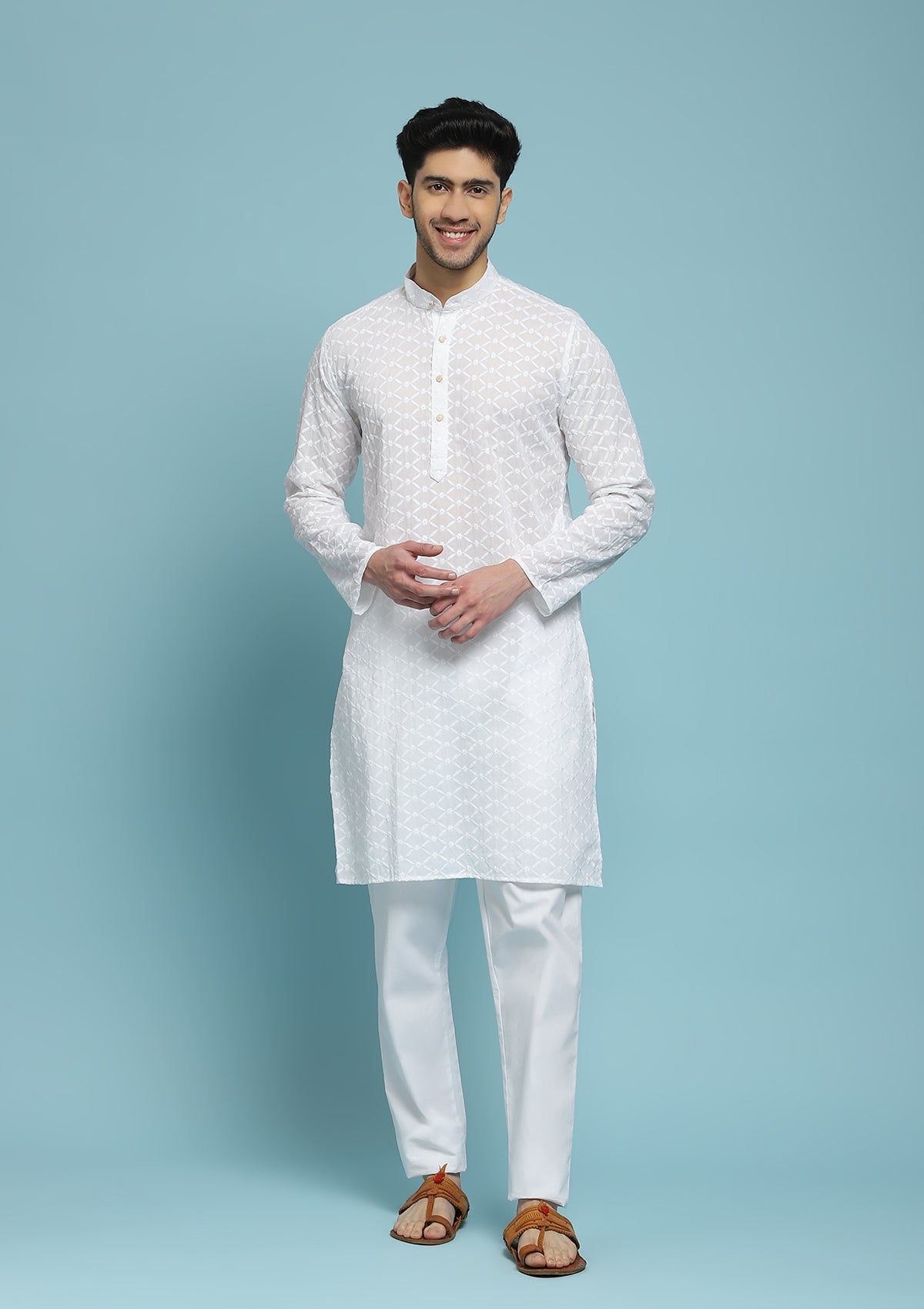 Cotton Schiffli Solid Men's Long Kurta - White