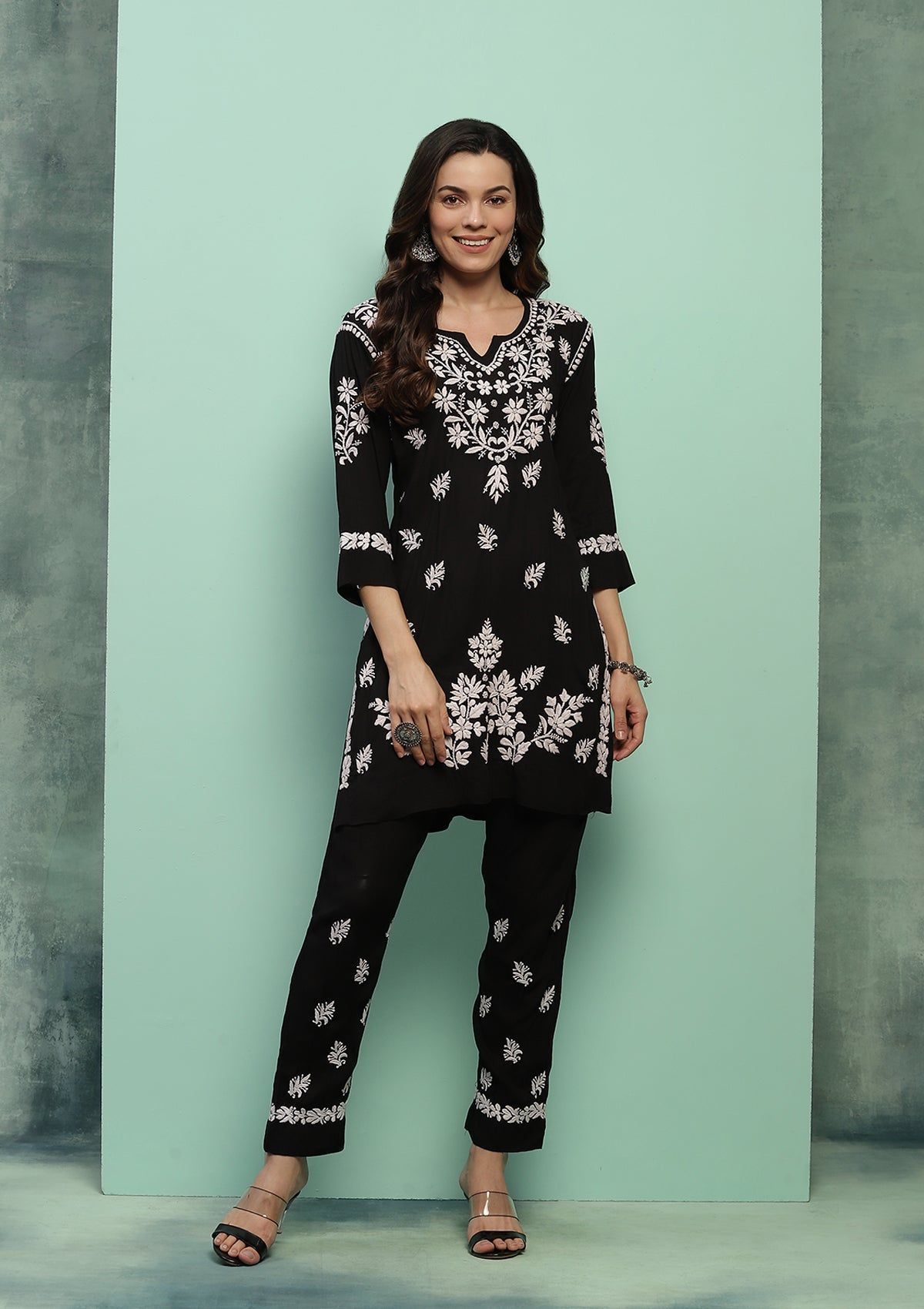 Modal Chikankari Solid Women's 2 PC Short Kurta Set - Black