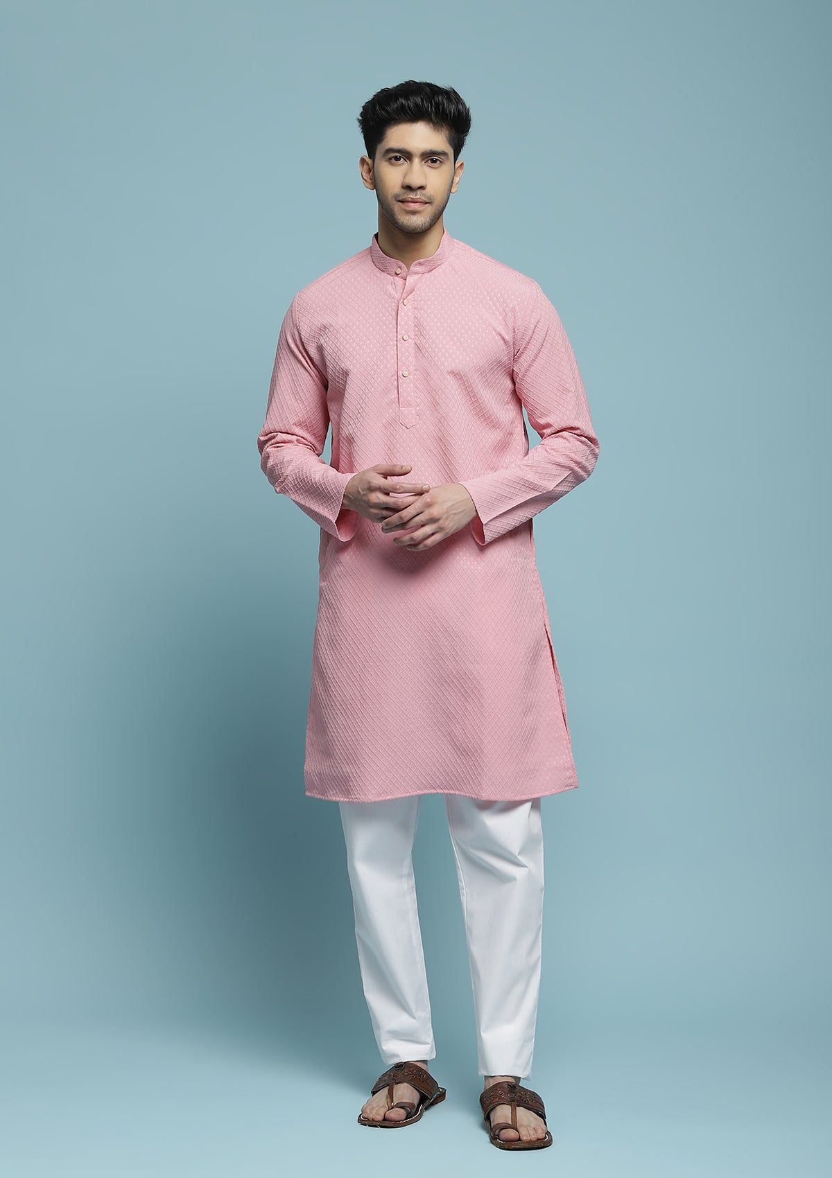 Dobby Textured Solid Men's Long Kurta - Pink