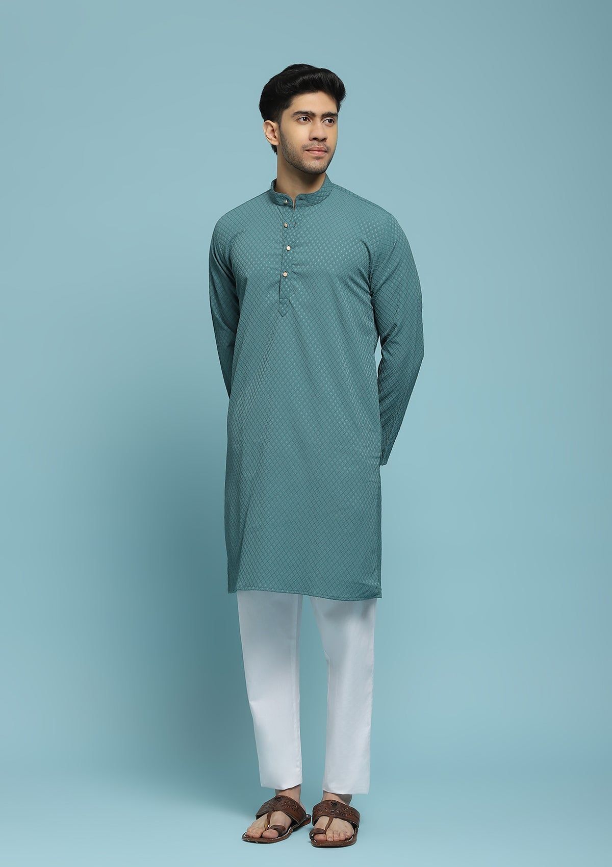 Dobby Textured Solid Men's Long Kurta - Green