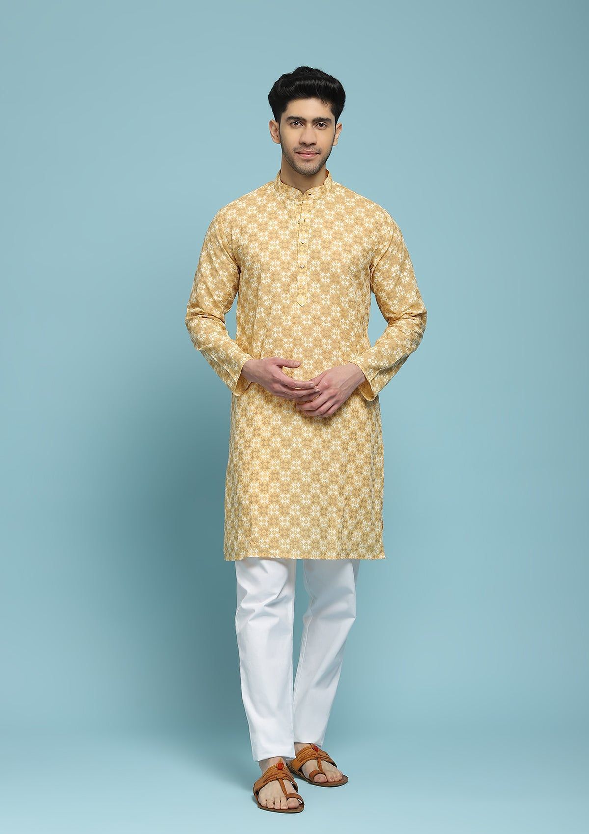 Cotton Schiffli Solid Men's Long Kurta - Beige