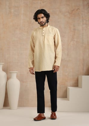 Poly Cotton Printed Men's Short Kurta - Mustard Poly Cotton Printed Men's Short Kurta - Mustard