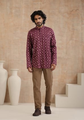 Cotton Jacquard Solid Men's Short Kurta - Purple Cotton Jacquard Solid Men's Short Kurta - Purple
