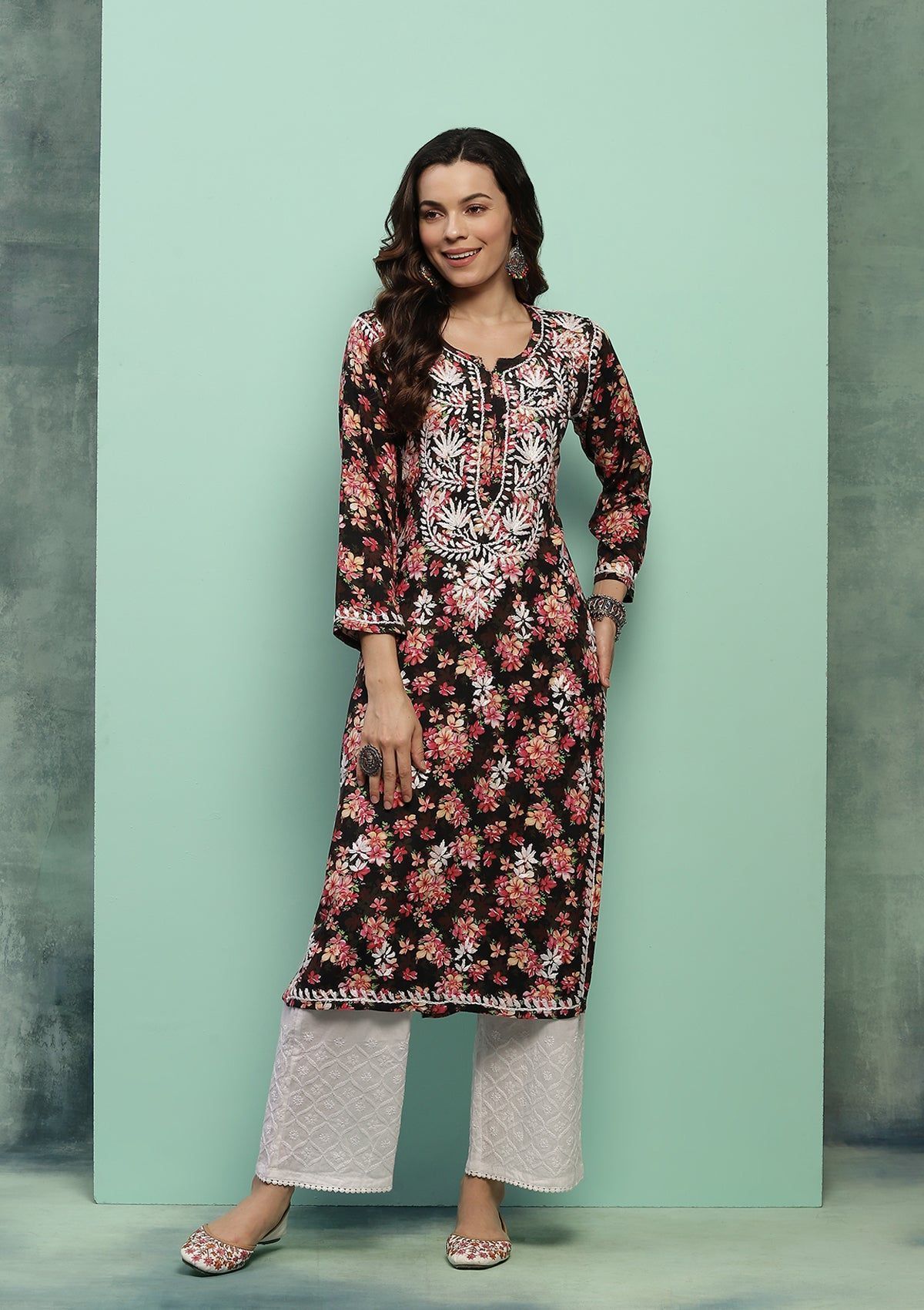 Rayon Chikankari Printed Women's Long Kurta - Black
