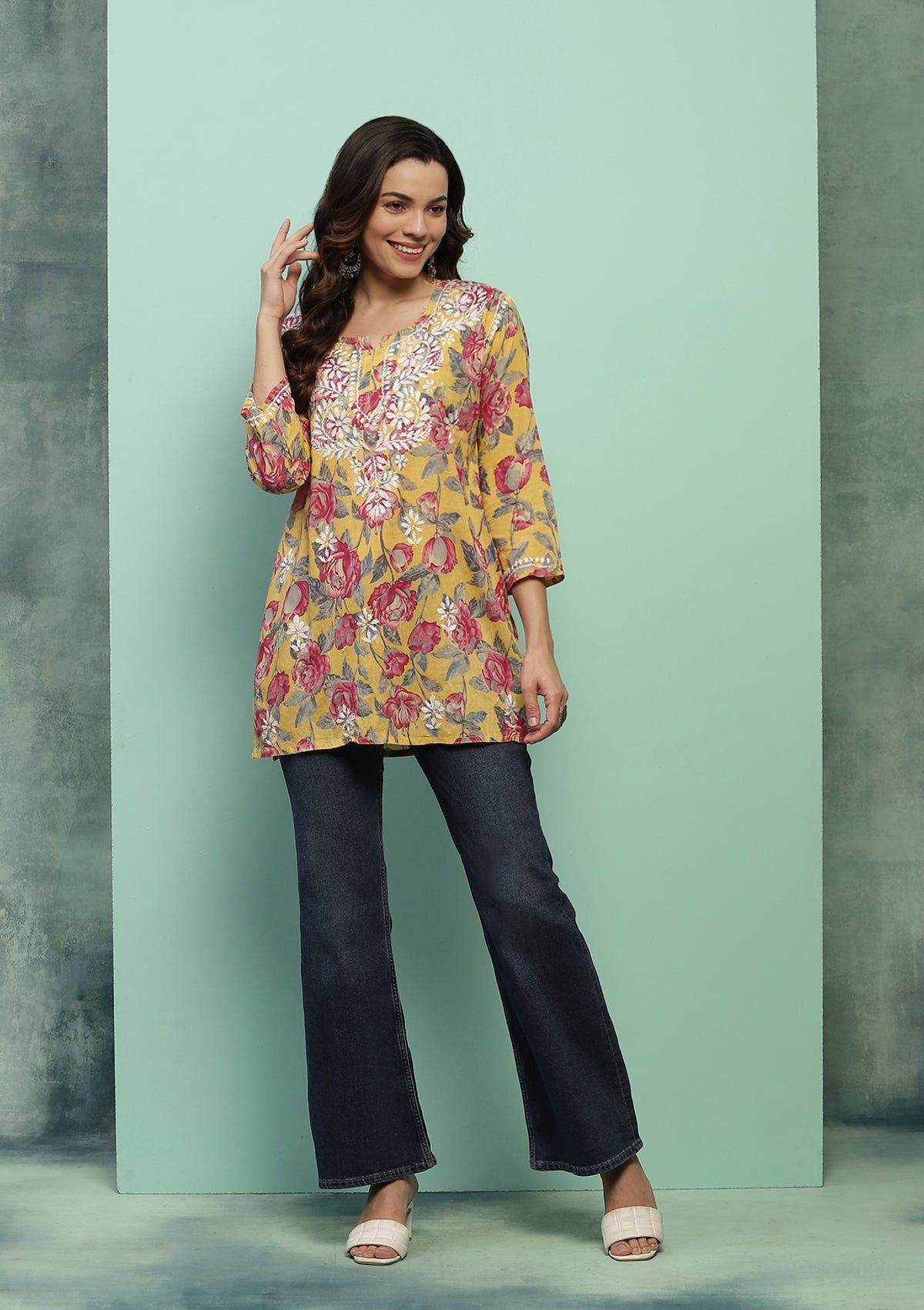 Cotton Chikankari Printed Women's Short Kurta - Yellow