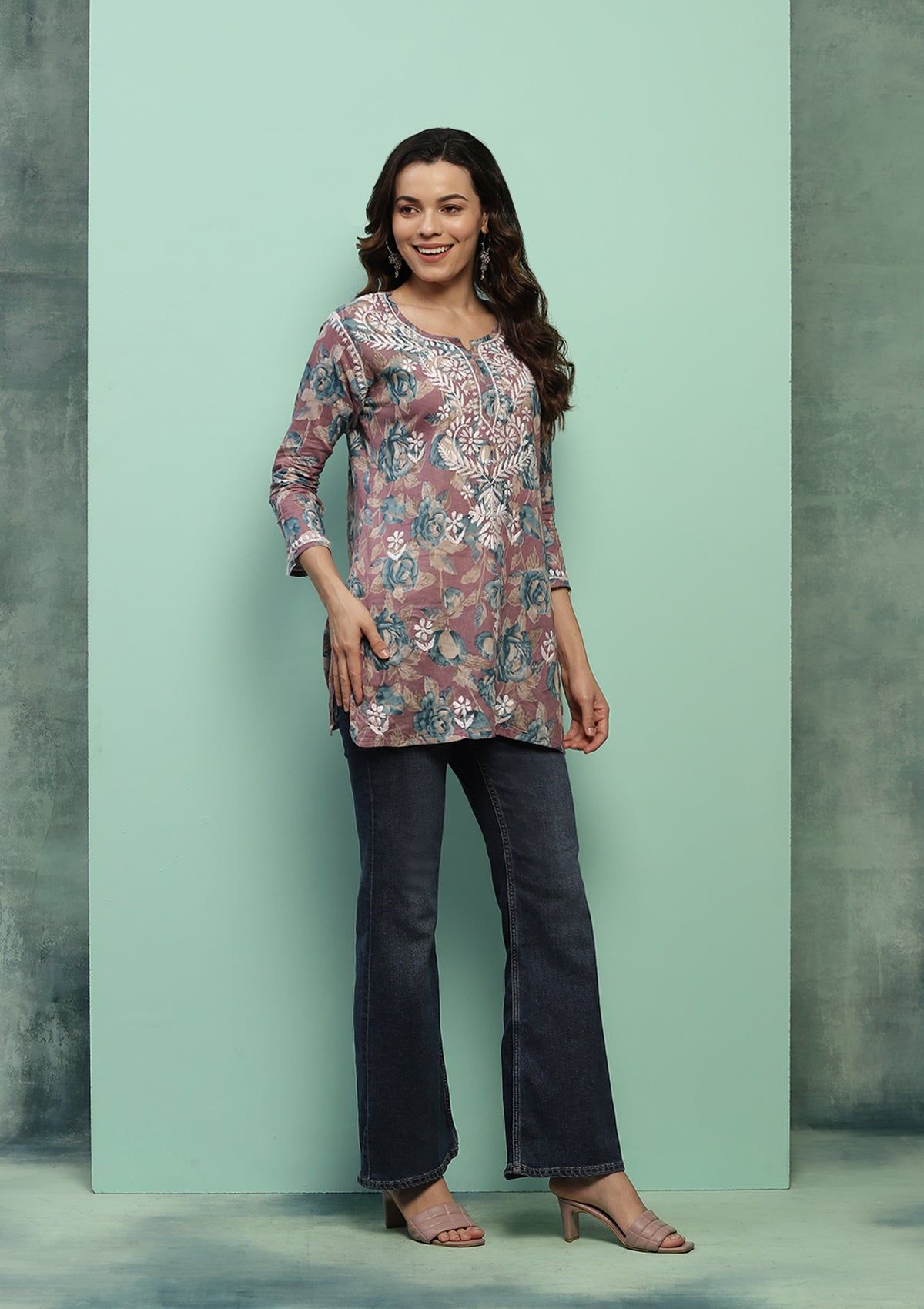Cotton Chikankari Printed Women's Short Kurta - Purple