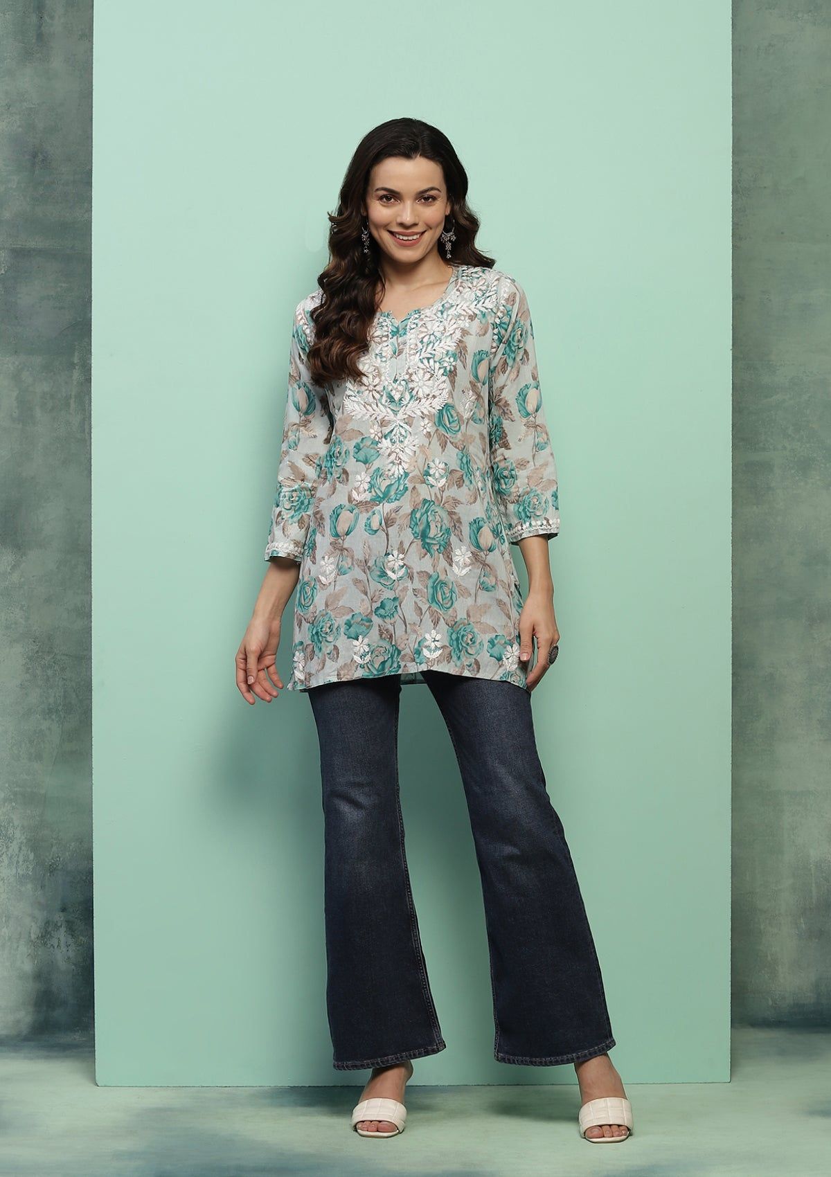 Cotton Chikankari Printed Women's Short Kurta - Green