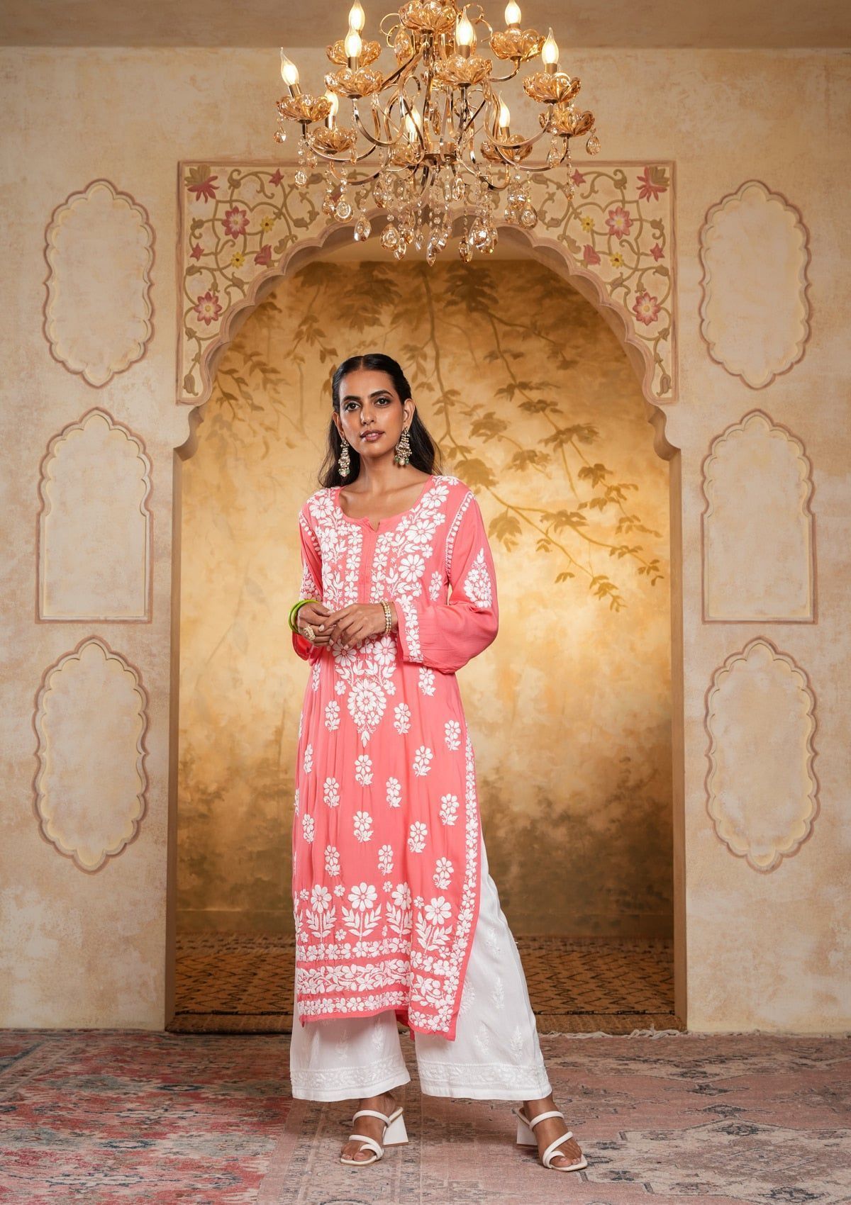 Modal Chikankari Solid Women's Long Kurta - Peach